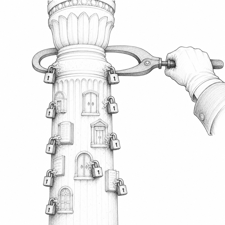 A gloved hand uses an iron caliper to measure a carved column as padlocks clamp onto its doors and ledgers